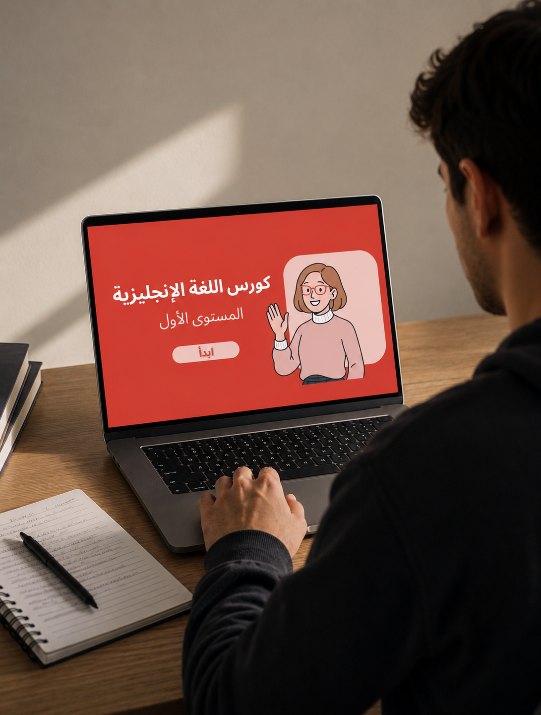 طالب يتابع دورة اللغة الإنجليزية المستوى الأول على الحاسوب المحمول
